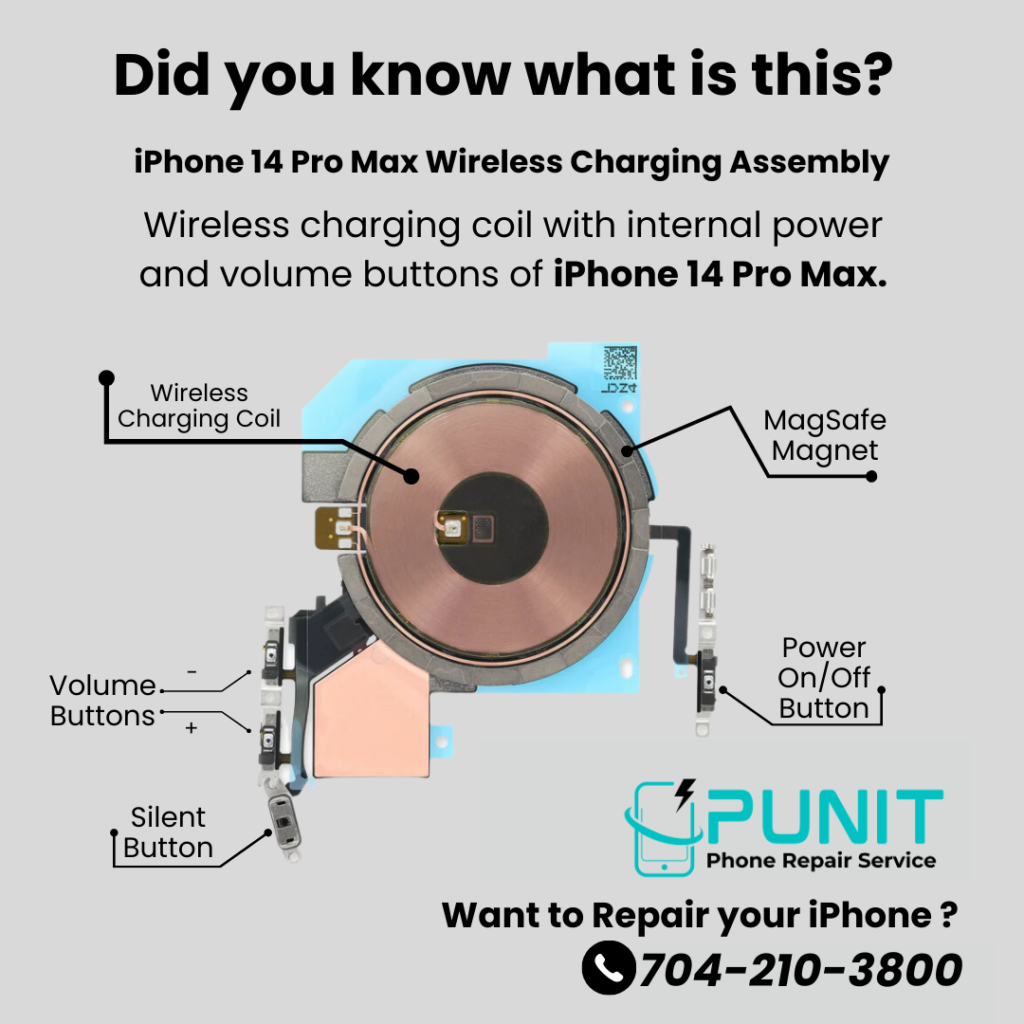 Wireless charging coil with internal power and volume buttons of iPhone 14 Pro Max.